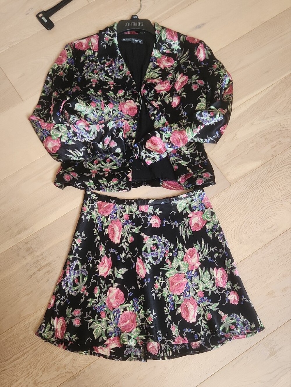 Betsey Johnson Black Floral Blazer, Skirt & Blouse with Pink & Green Rose Print